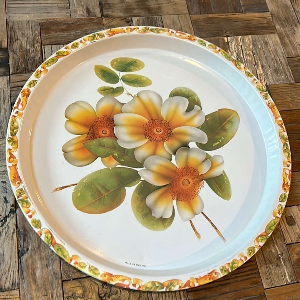 Floral Vintage Round Metal Tray Made In England